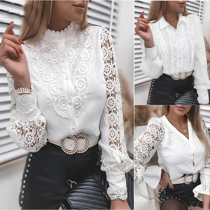 Lace Patchwork Button-Up Blouse