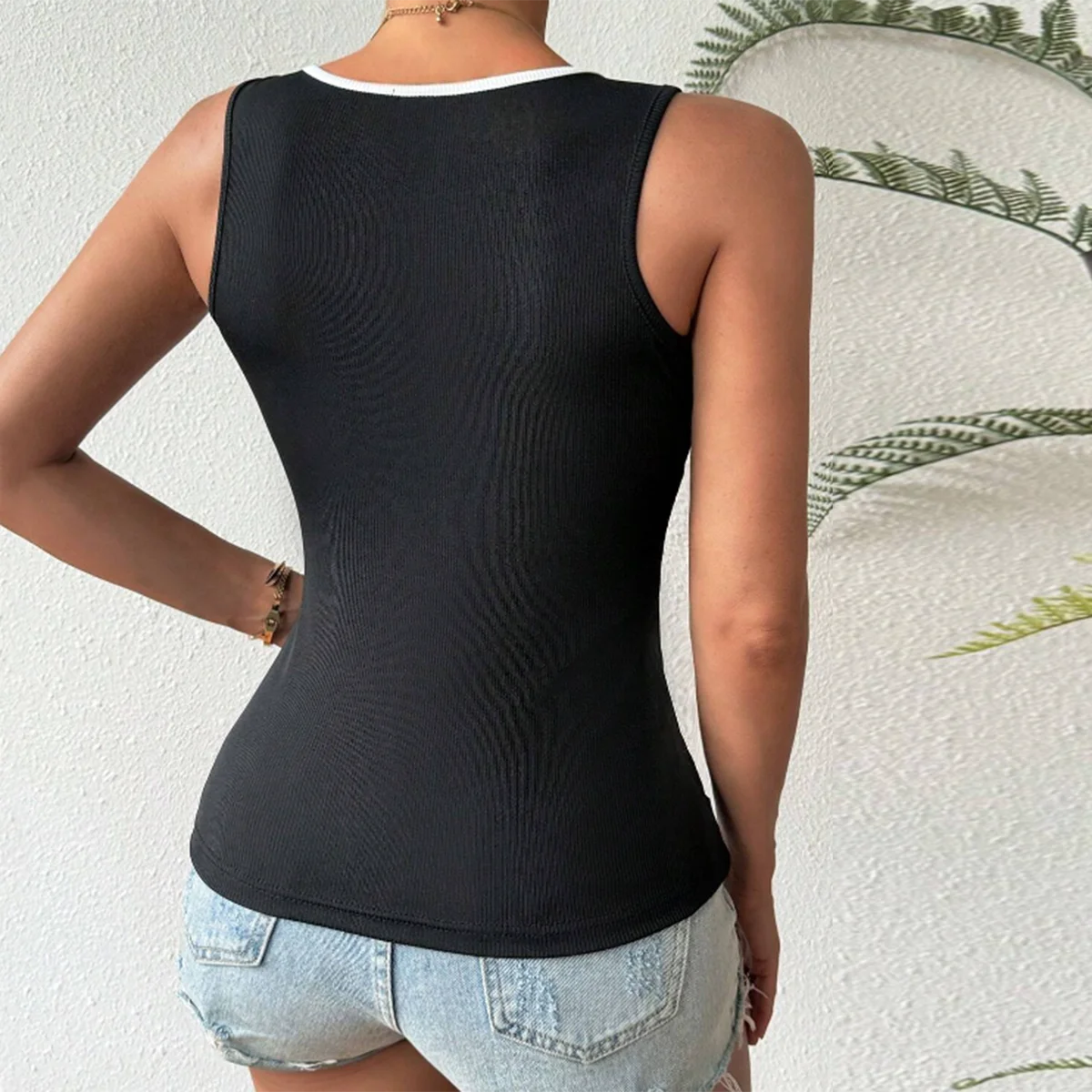 Trendy ärmelloses geripptes Tanktop mit V-Ausschnitt