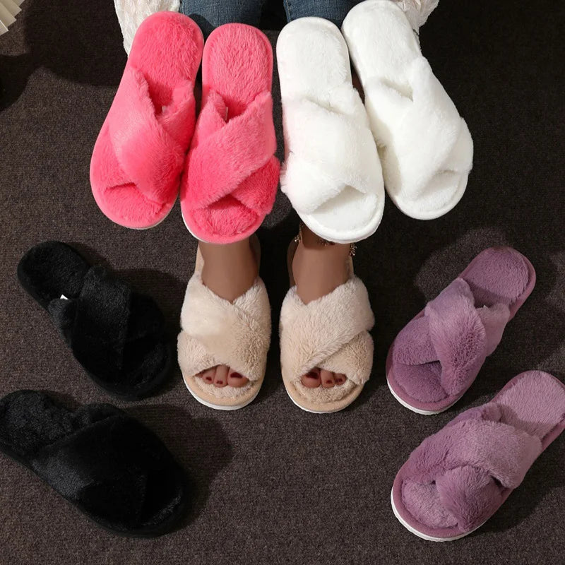 Cozy Faux Fur Cross Strap Slippers