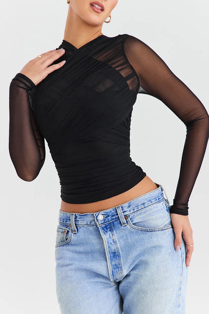 Sheer Mesh Long Sleeve V-Neck Top