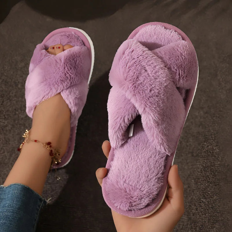 Cozy Faux Fur Cross Strap Slippers