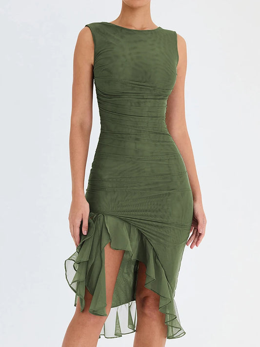 Elegant Ruffle Ruched Midi Dress