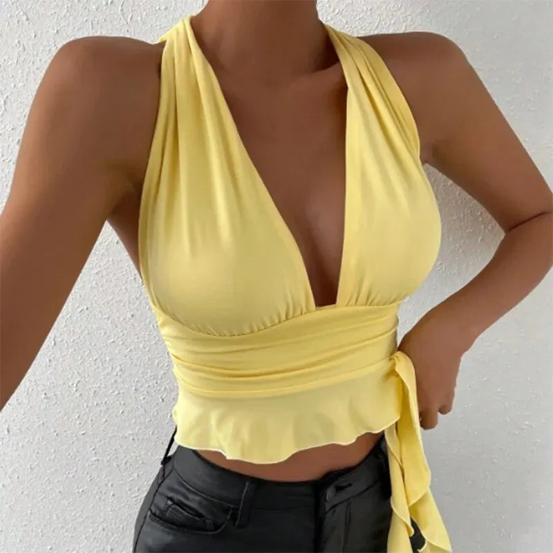 Deep V-Neck Pleated Lace-Up Top