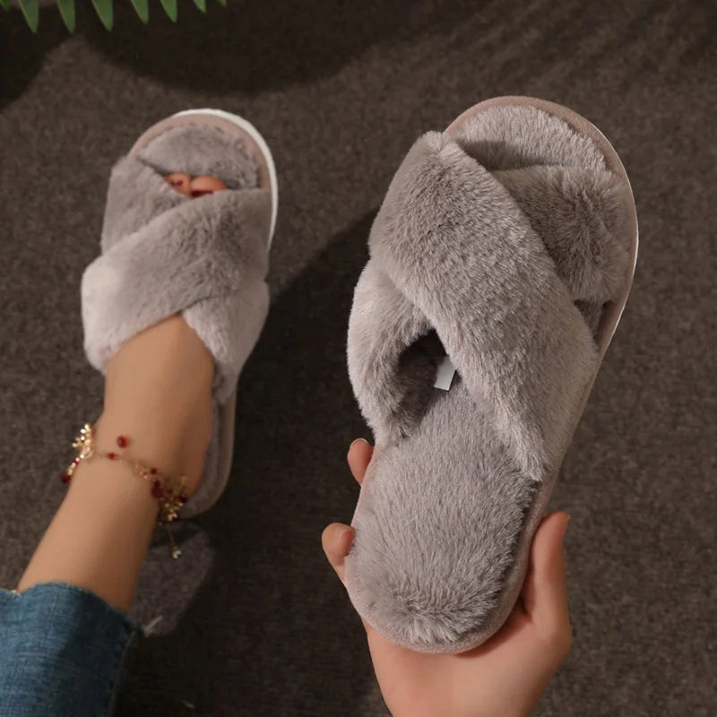 Cozy Faux Fur Cross Strap Slippers