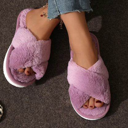 Cozy Faux Fur Cross Strap Slippers