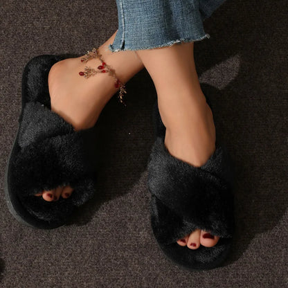 Cozy Faux Fur Cross Strap Slippers