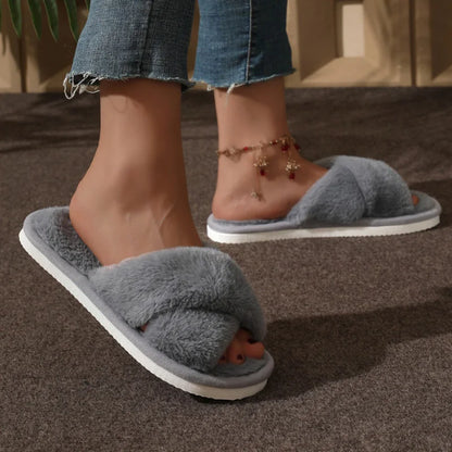 Cozy Faux Fur Cross Strap Slippers