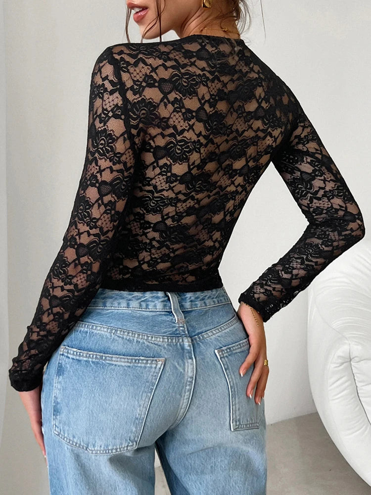 Slim Hollow Out Lace Long Sleeve Blouse