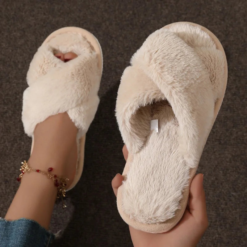 Cozy Faux Fur Cross Strap Slippers