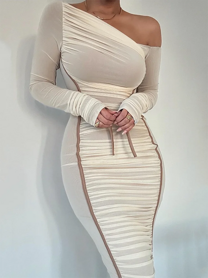 Diagonal Collar Long Sleeve Midi Dress