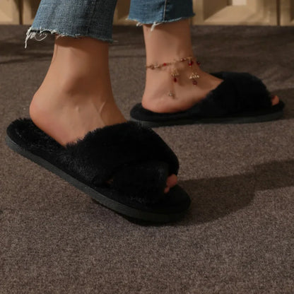 Cozy Faux Fur Cross Strap Slippers