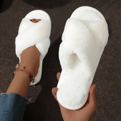 Cozy Faux Fur Cross Strap Slippers