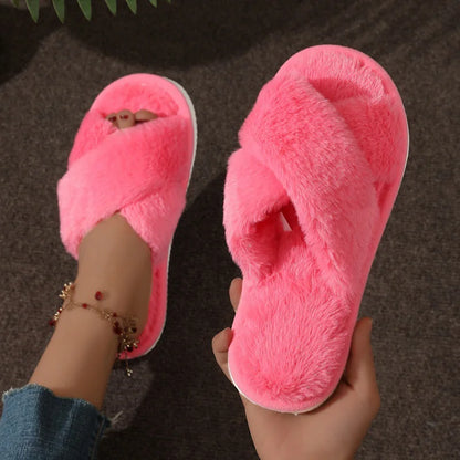 Cozy Faux Fur Cross Strap Slippers