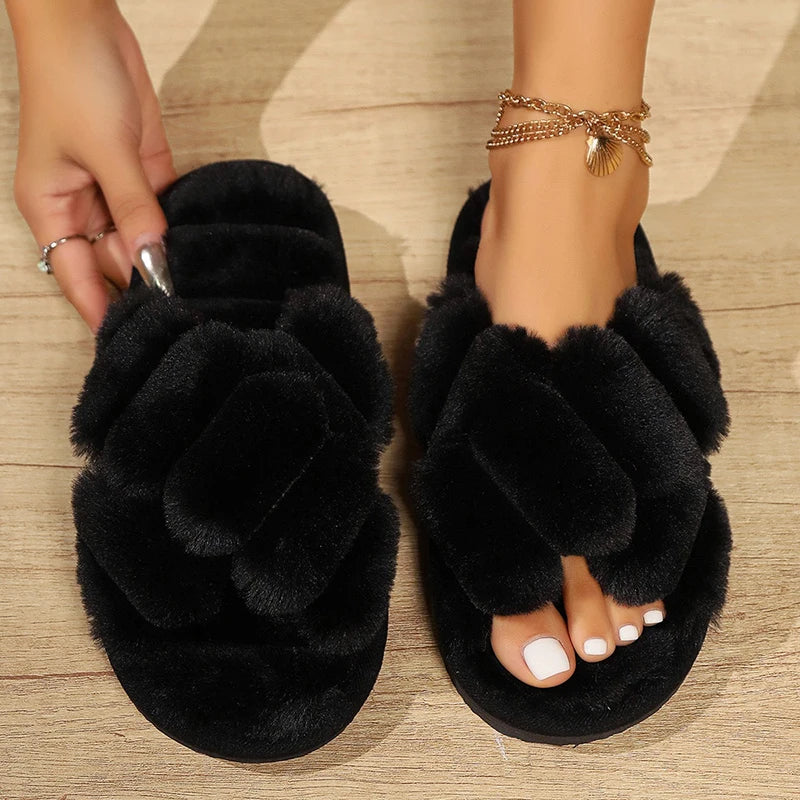 Fashion Cross Strap Fluffy Slippers