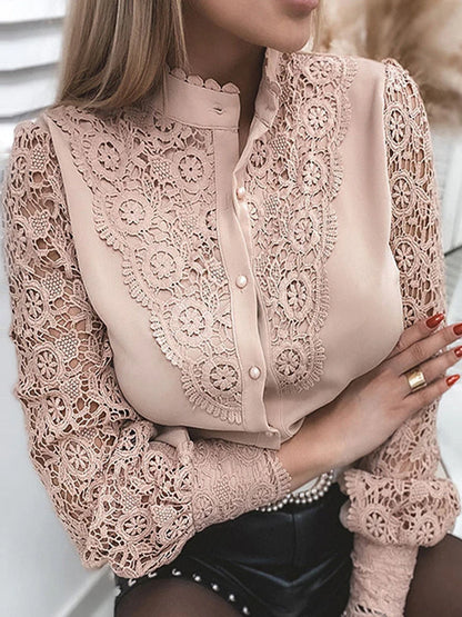 Lace Patchwork Button-Up Blouse