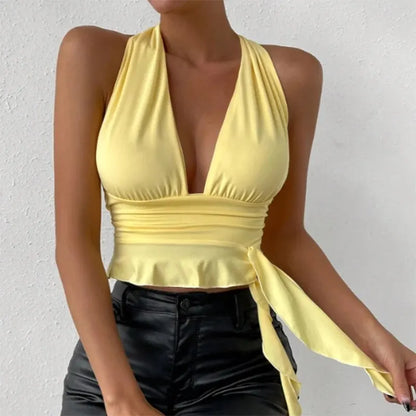 Deep V-Neck Pleated Lace-Up Top