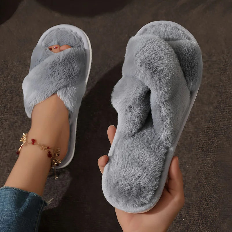 Cozy Faux Fur Cross Strap Slippers