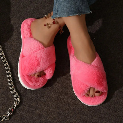 Cozy Faux Fur Cross Strap Slippers