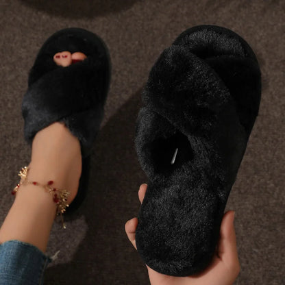 Cozy Faux Fur Cross Strap Slippers