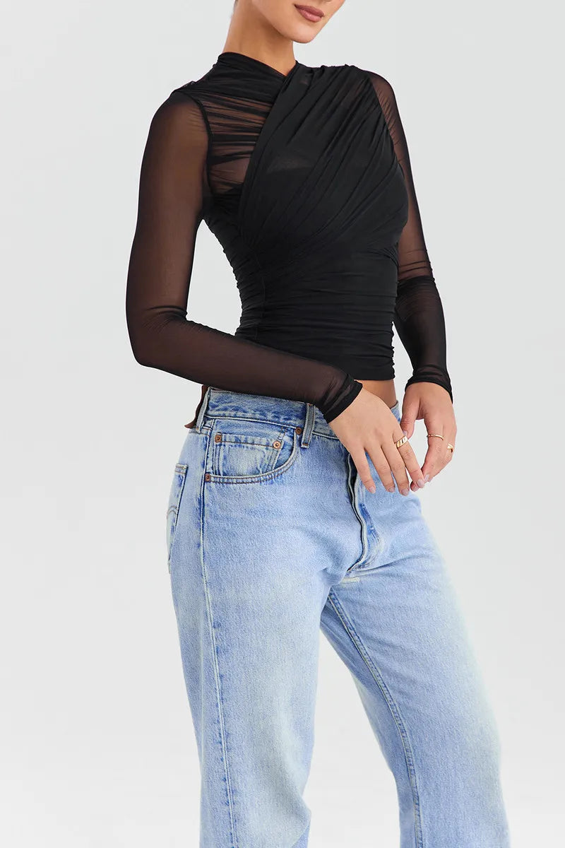 Sheer Mesh Long Sleeve V-Neck Top