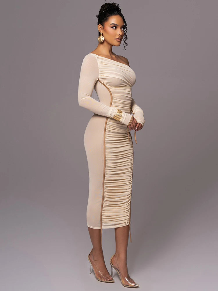 Diagonal Collar Long Sleeve Midi Dress